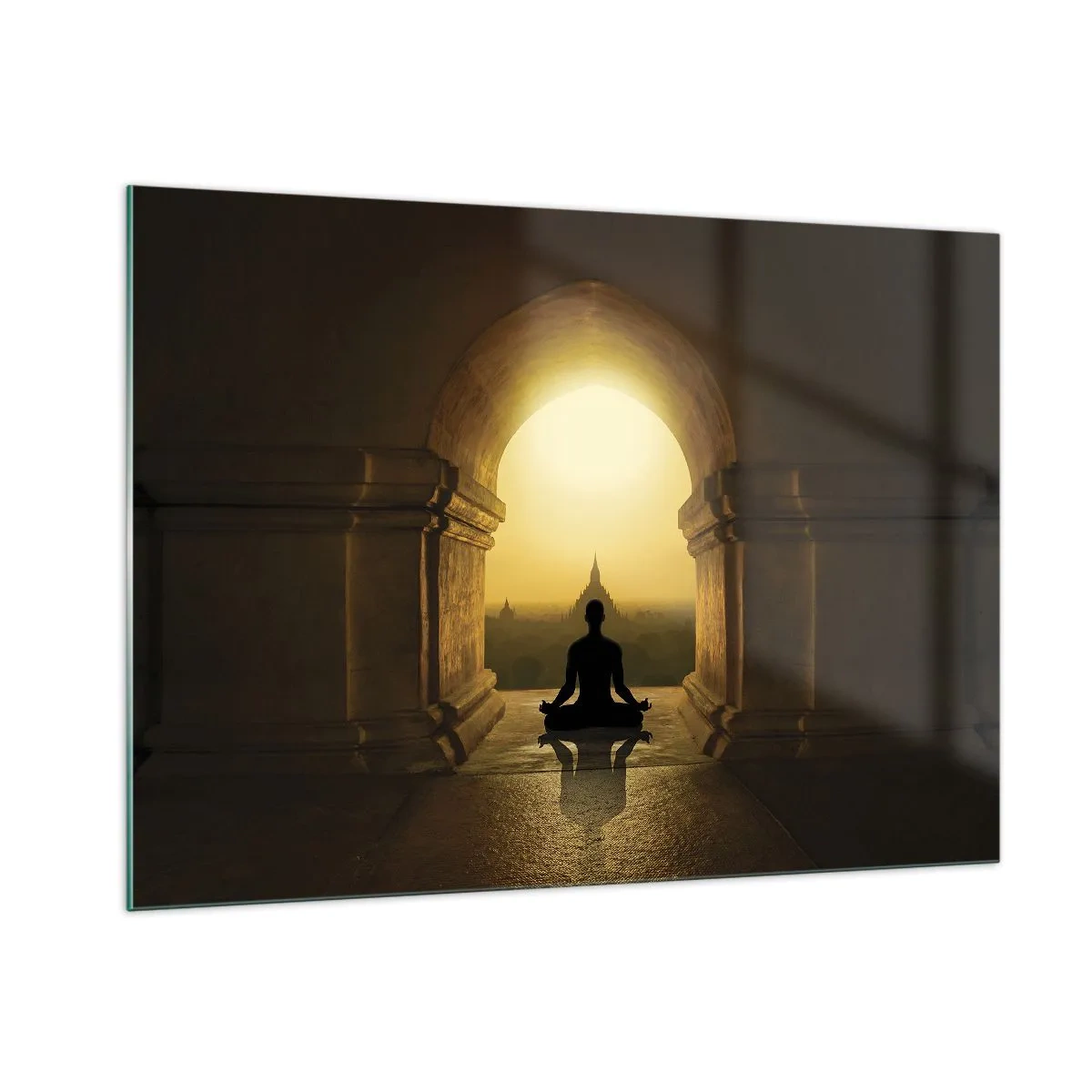 Cuadro sobre vidrio - Impresiones sobre Vidrio - Silueta de una persona meditando a la luz del sol poniente en un arco arquitectónico. - 100x70cm - Armonía total - Decoración de pared moderna para salón y dormitorio ARTTOR