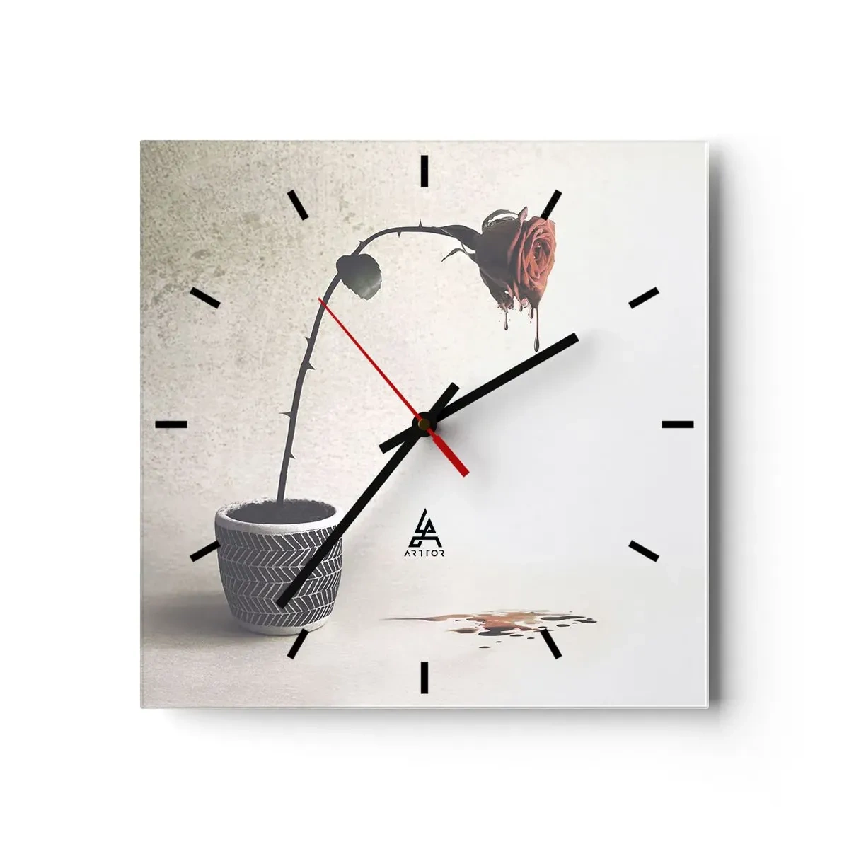 Reloj de pared - Reloj de vidrio - Una rosa roja en una maceta con gotas de tinte sobre un fondo blanco. - 30x30cm - Rosa dolorosa - Decoración de pared moderna para salón y dormitorio ARTTOR