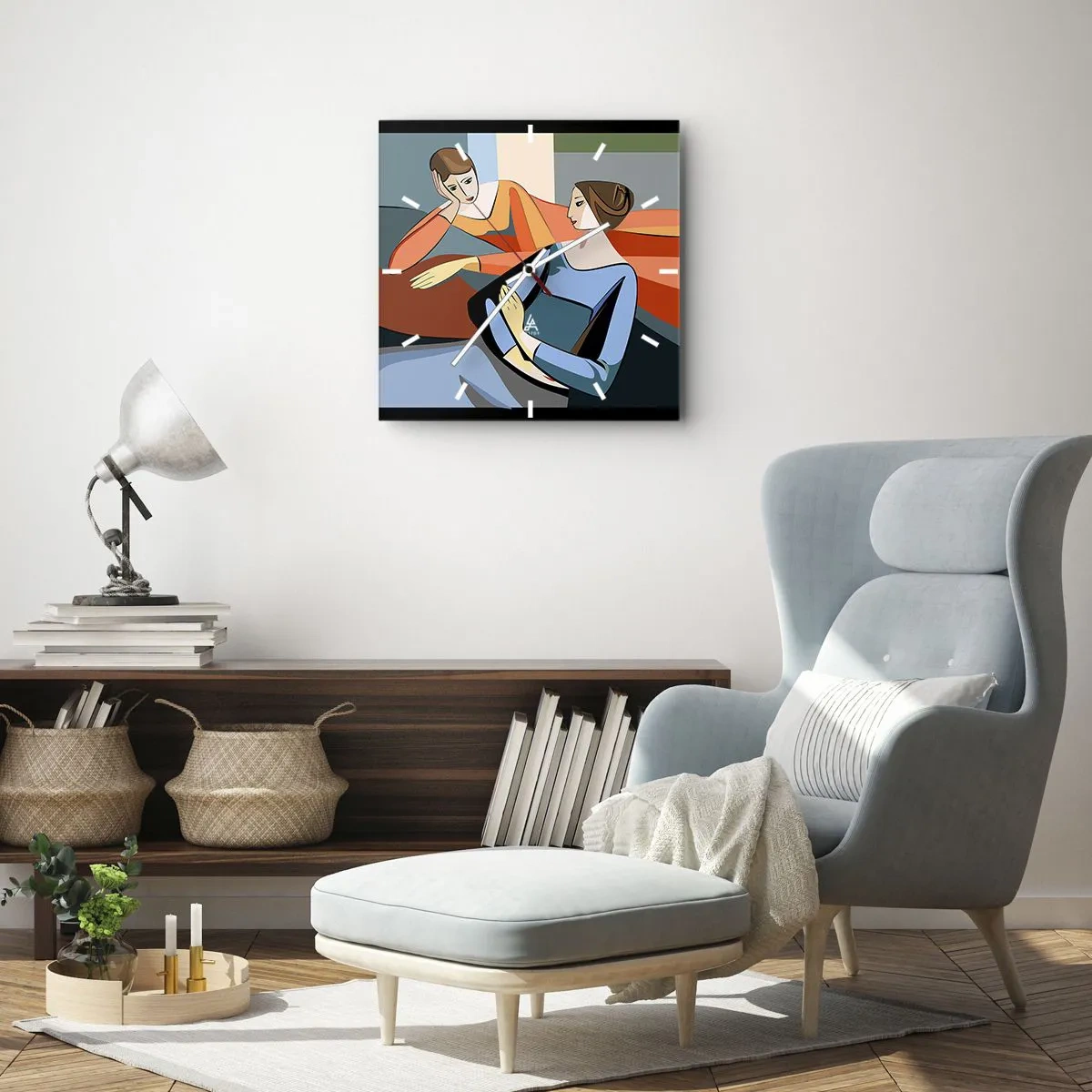 Reloj de pared - Reloj de vidrio - Ilustración abstracta de dos mujeres en estilo cubista. - 30x30cm - Un momento de confidencias - Decoración de pared moderna para salón y dormitorio ARTTOR