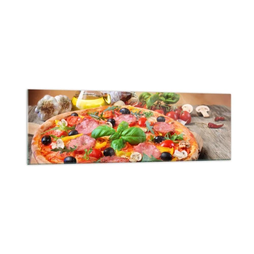 Cuadro sobre vidrio - Impresiones sobre Vidrio - Deliciosa pizza en una mesa de madera con ingredientes. - 160x50cm - Con un verdadero sabor italiano - Decoración de pared moderna para salón y dormitorio ARTTOR
