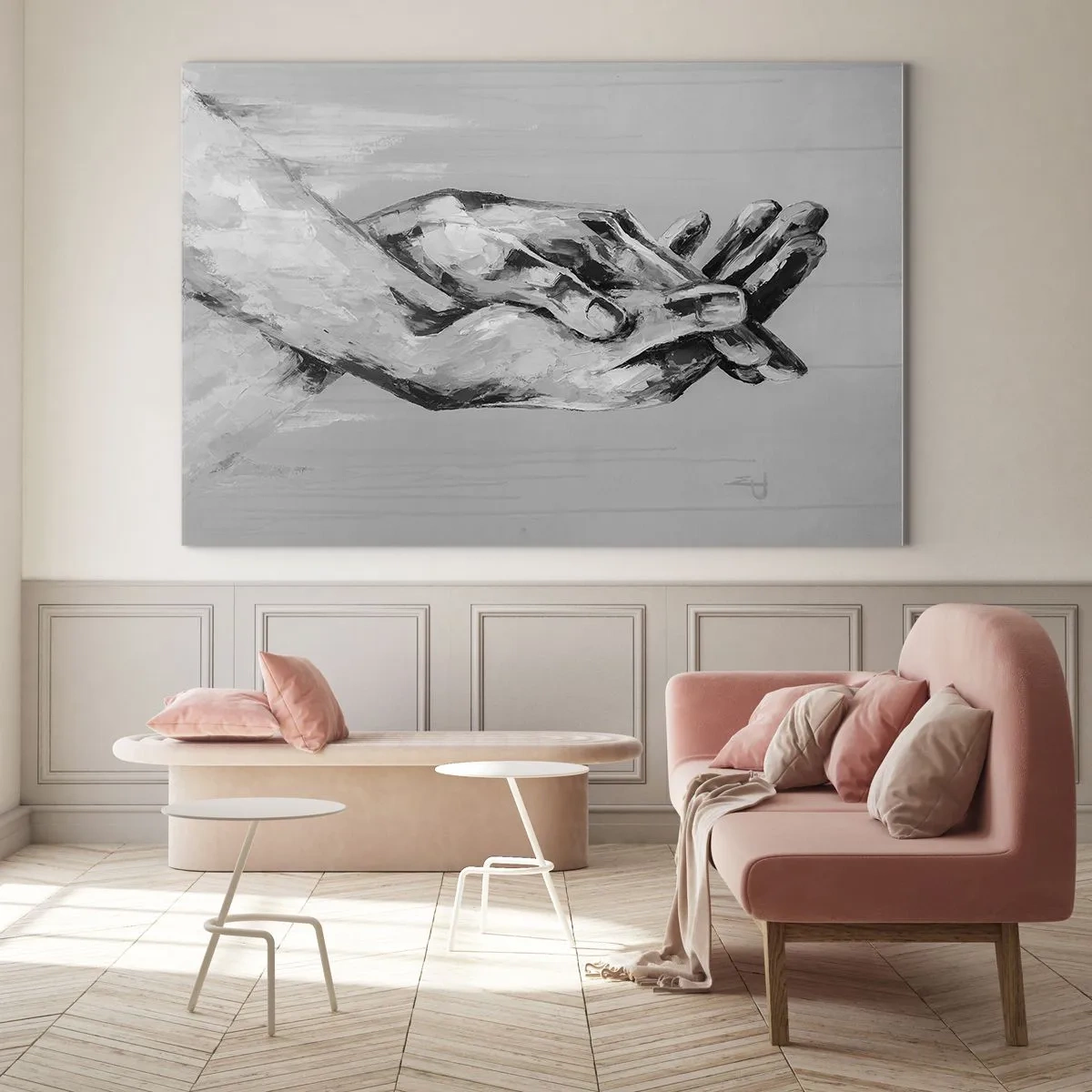 Cuadro sobre vidrio - Impresiones sobre Vidrio - Pintura en blanco y negro de dos manos que se extienden una hacia la otra. - 120x80cm - El comienzo... - Decoración de pared moderna para salón y dormitorio ARTTOR
