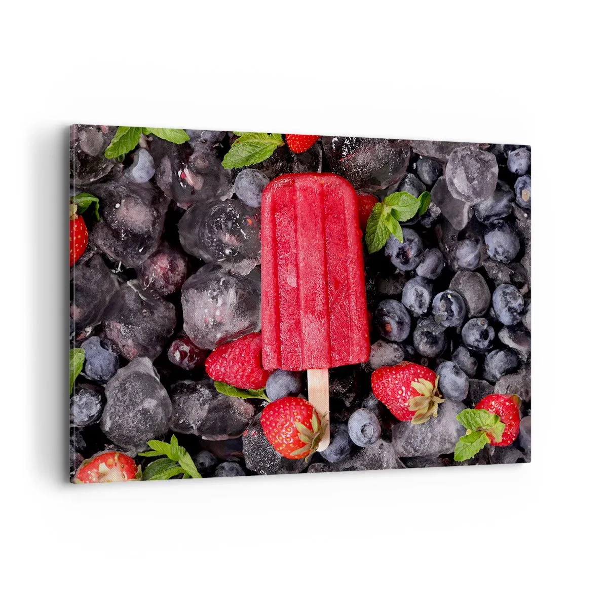 Cuadro sobre lienzo - Impresión de Imagen - Paleta roja rodeada de fruta y hielo. - 120x80cm - El sabor del verano caluroso - Decoración de pared moderna para salón y dormitorio ARTTOR