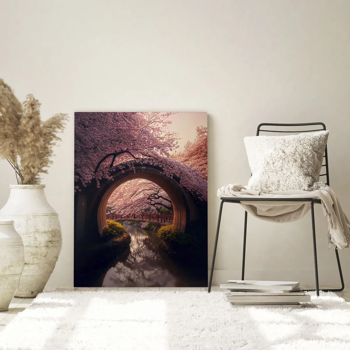 Cuadro sobre vidrio - Impresiones sobre Vidrio - Cerezos en flor y un puente japonés vistos a través de la puerta redonda. - 50x70cm - Primavera japonesa - Decoración de pared moderna para salón y dormitorio ARTTOR