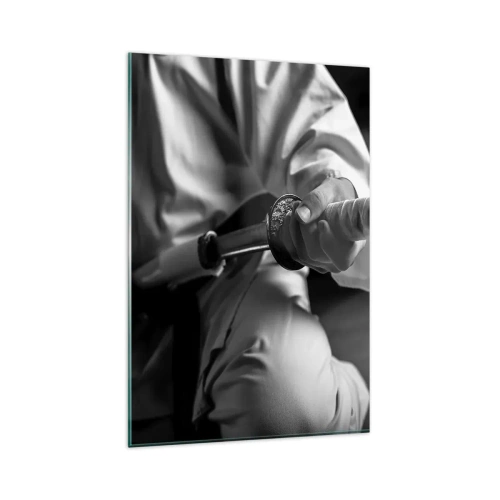 Cuadro sobre vidrio - Impresiones sobre Vidrio - Un samurái con kimono sosteniendo una katana en blanco y negro. - 80x120cm - Alma de guerrero - Decoración de pared moderna para salón y dormitorio ARTTOR
