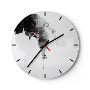 Reloj de pared - Reloj de vidrio - Retrato de una mujer en una composición artística con un motivo urbano al fondo. - 30x30cm - A ambos lados del cristal - Decoración de pared moderna para salón, cocina y dormitorio ARTTOR