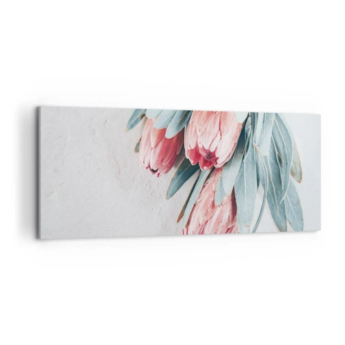 Cuadro sobre lienzo - Impresión de Imagen - Sutiles flores de protea rosa sobre un fondo claro. - 120x50cm - Avergonzada de su propia belleza - Decoración de pared moderna para salón y dormitorio ARTTOR