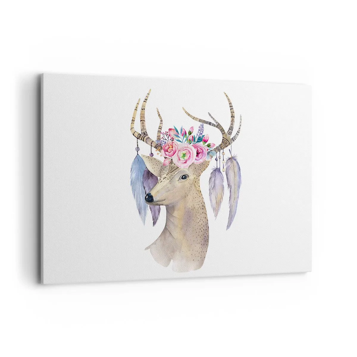 Cuadro sobre lienzo - Impresión de Imagen - Gráfico romántico de ciervo con flores y plumas. - 120x80cm - Guía del alma - gentil, inocente - Decoración de pared moderna para salón y dormitorio ARTTOR