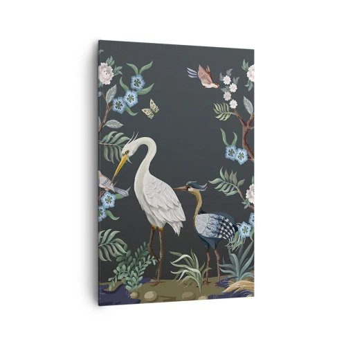 Cuadro sobre lienzo - Impresión de Imagen - Pájaros y plantas pintados sobre un fondo oscuro con un patrón elegante. - 80x120cm - Desfile de aves - Decoración de pared moderna para salón y dormitorio ARTTOR