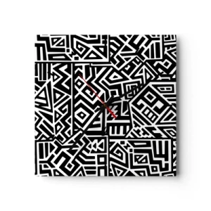 Reloj de pared - Reloj de vidrio - Patrones geométricos en blanco y negro inspirados en la cultura precolombina. - 30x30cm - Composición precolombina - Decoración de pared moderna para salón y dormitorio ARTTOR