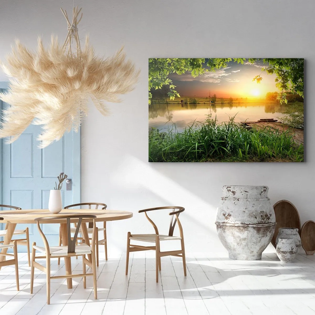 Cuadro sobre lienzo - Impresión de Imagen - Paisaje verde con un lago al atardecer - 120x80cm - Paisaje en un marco verde - Decoración de pared moderna para salón y dormitorio ARTTOR