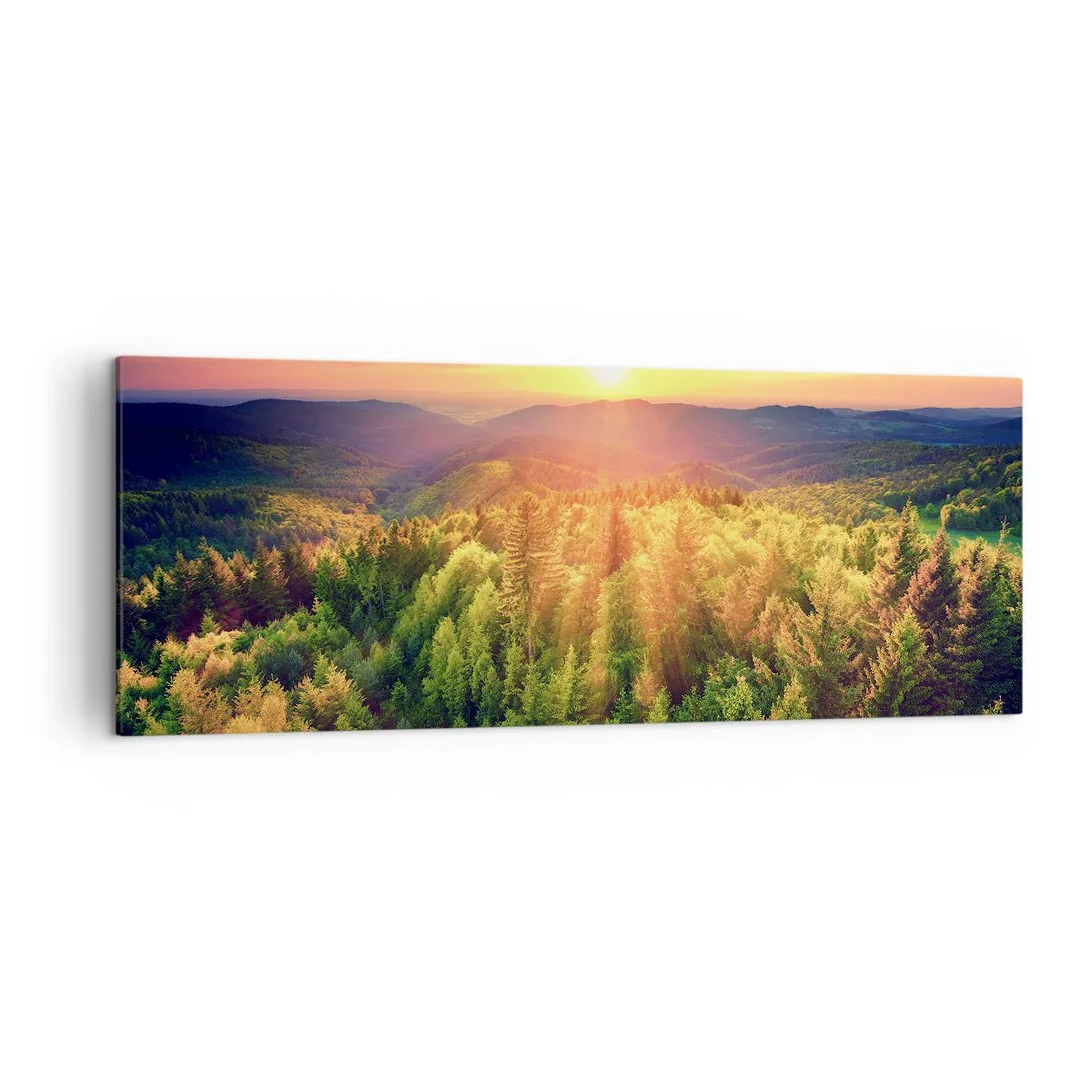 Cuadro sobre lienzo - Impresión de Imagen - Paisaje forestal con puesta de sol sobre las colinas - 140x50cm - Desde lo alto - Decoración de pared moderna para salón y dormitorio ARTTOR