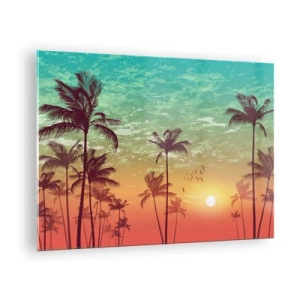 Cuadro sobre vidrio - Impresiones sobre Vidrio - Ilustración de palmeras al atardecer - 70x50cm - Ambientes tropicales - Decoración de pared moderna para salón y dormitorio ARTTOR