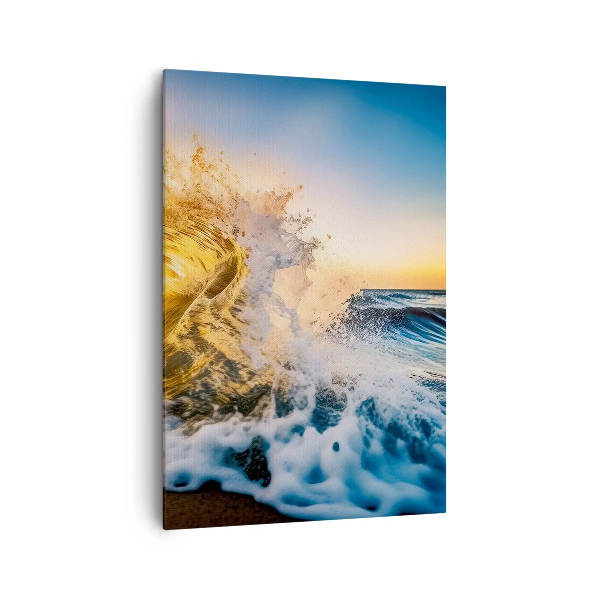 Cuadro sobre lienzo - Impresión de Imagen - Una ola dorada con el sol poniente como telón de fondo. - 70x100cm - Jugando en la arena - Decoración de pared moderna para salón y dormitorio ARTTOR