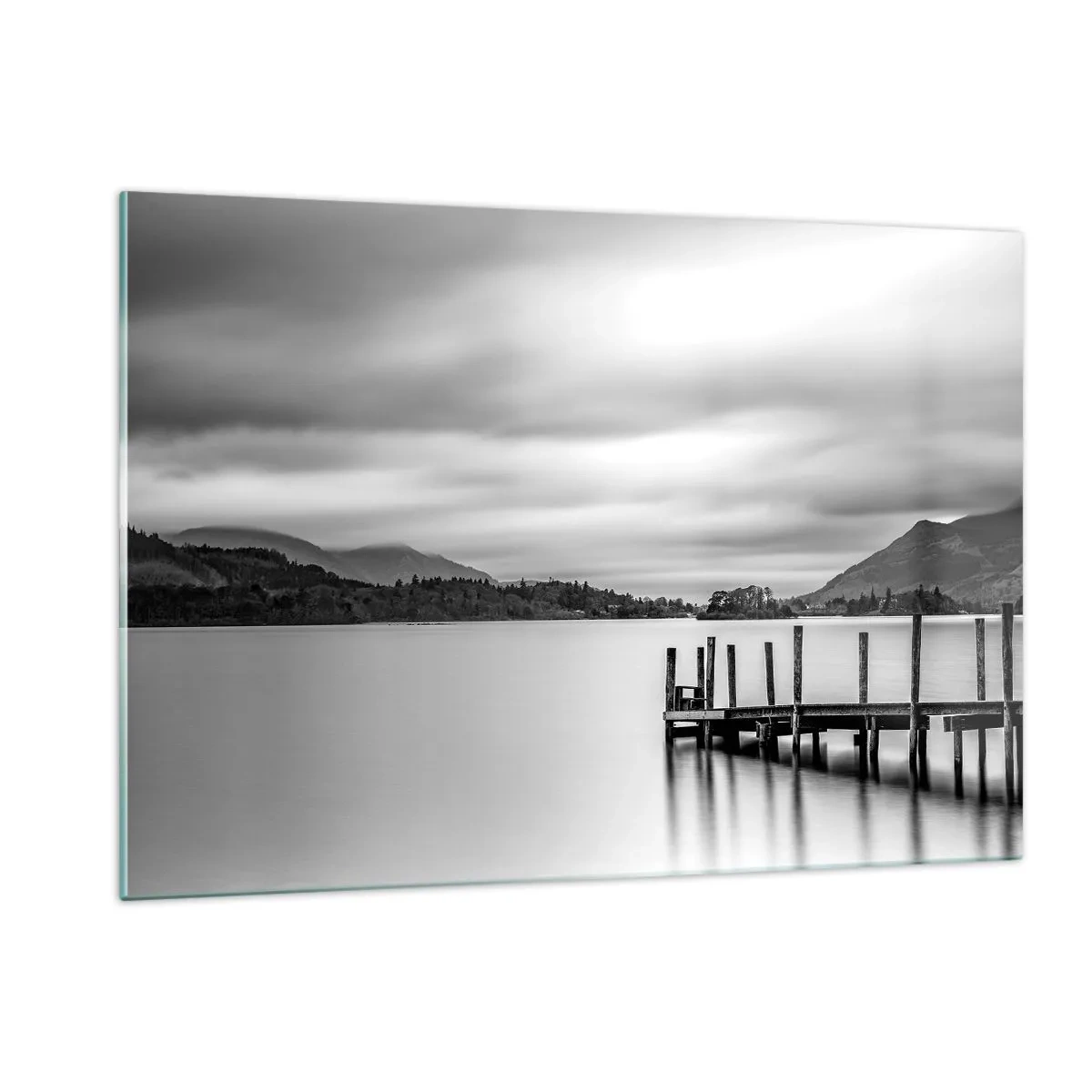 Cuadro sobre vidrio - Impresiones sobre Vidrio - Paisaje en blanco y negro con un lago y un muelle de madera. - 120x80cm - Dulzura y la fuerza - Decoración de pared moderna para salón y dormitorio ARTTOR