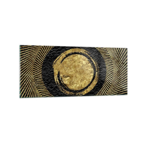 Cuadro sobre vidrio - Impresiones sobre Vidrio - Composición geométrica en negro y dorado con rayos. - 120x50cm - Composición glamour - Decoración de pared moderna para salón y dormitorio ARTTOR
