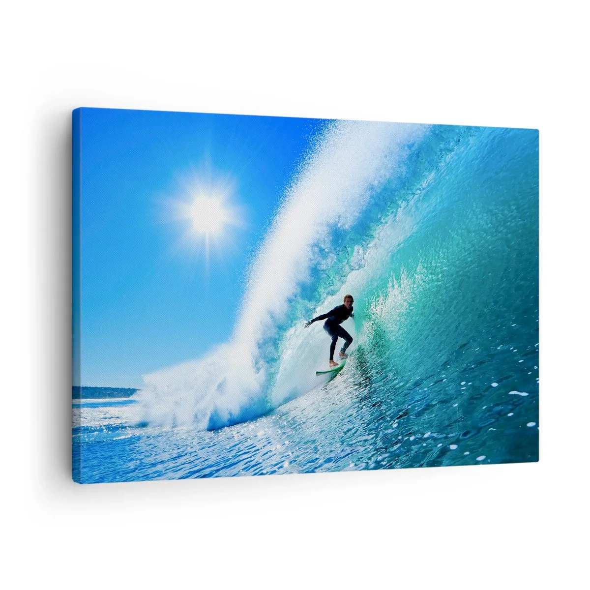 Cuadro sobre lienzo - Impresión de Imagen - Un surfista en una tabla se desliza dentro de una poderosa ola bajo un cielo azul. - 70x50cm - A través de la gran ola - Decoración de pared moderna para salón y dormitorio ARTTOR