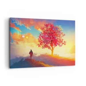 Cuadro sobre lienzo - Impresión de Imagen - Una figura en una colina junto a un árbol colorido a la luz del sol poniente. - 120x80cm - Un peregrino en su destino - Decoración de pared moderna para salón y dormitorio ARTTOR
