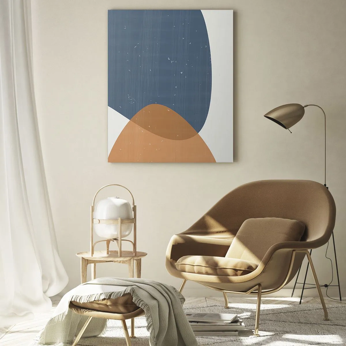 Cuadro sobre vidrio - Impresiones sobre Vidrio - Composición geométrica con óvalos azul marino y beige. - 50x70cm - Óvalos e influencias - Decoración de pared moderna para salón y dormitorio ARTTOR