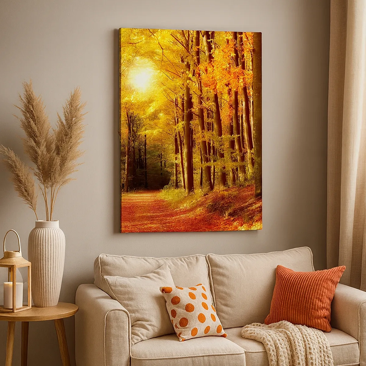 Cuadro sobre lienzo - Impresión de Imagen - Bosque otoñal con rayos de sol brillando a través de los árboles. - 50x70cm - Un otoño dorado en una carretera forestal - Decoración de pared moderna para salón y dormitorio ARTTOR