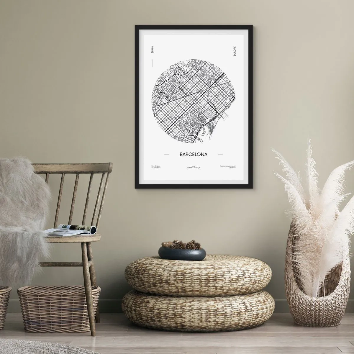Póster en marco negro - Un mapa minimalista de Barcelona en blanco y negro. - 50x70cm - Anatomía de Barcelona - Decoración de pared moderna para salón y dormitorio ARTTOR