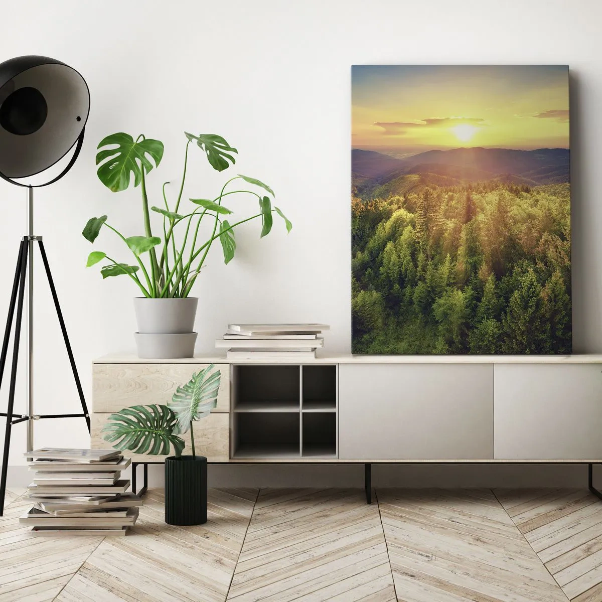 Cuadro sobre lienzo - Impresión de Imagen - Paisaje forestal con puesta de sol sobre las colinas - 50x70cm - Desde lo alto - Decoración de pared moderna para salón y dormitorio ARTTOR
