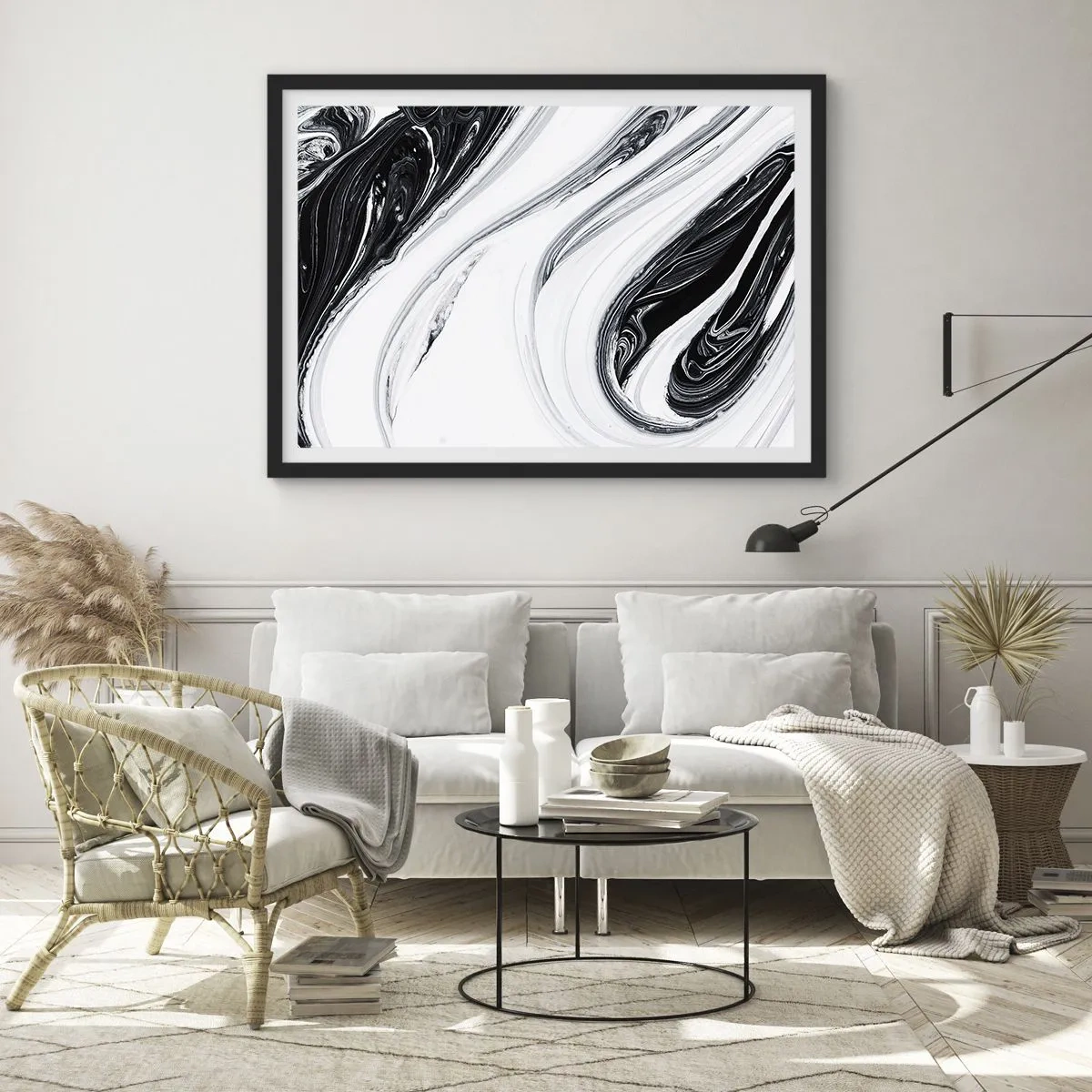 Póster en marco negro - Abstracción en blanco y negro con líneas dinámicas y remolinos. - 100x70cm - Combinando opuestos - Decoración de pared moderna para salón y dormitorio ARTTOR