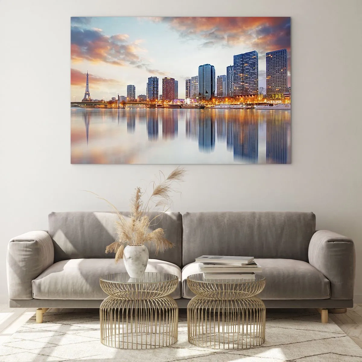 Cuadro sobre vidrio - Impresiones sobre Vidrio - Panorama de París con la Torre Eiffel y edificios modernos al atardecer - 100x70cm - La calma monumental de París - Decoración de pared moderna para salón y dormitorio ARTTOR