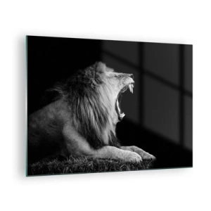 Cuadro sobre vidrio - Impresiones sobre Vidrio - Retrato en blanco y negro de un león rugiendo contra una sombra. - 70x50cm - Sin duda alguna - Decoración de pared moderna para salón y dormitorio ARTTOR
