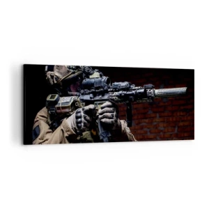 Cuadro sobre lienzo - Impresión de Imagen - Un soldado con equipo completo y un rifle. - 120x50cm - Mortalmente eficaz - Decoración de pared moderna para salón y dormitorio ARTTOR
