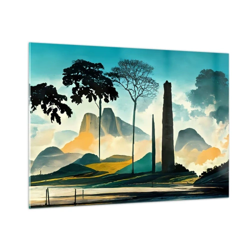 Cuadro sobre vidrio - Impresiones sobre Vidrio - Un paisaje de fantasía con montañas, árboles y una imponente roca. - 100x70cm - Cada vez a más altitud - Decoración de pared moderna para salón y dormitorio ARTTOR