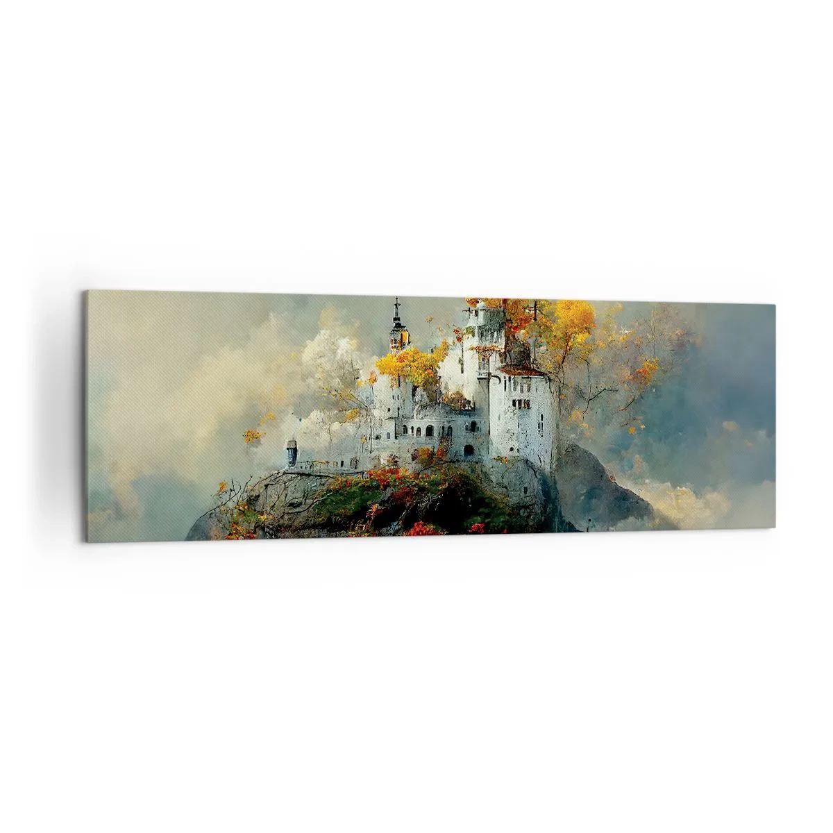 Cuadro sobre lienzo - Impresión de Imagen - Un castillo en una colina rodeado de árboles otoñales. - 160x50cm - El comienzo de una historia romántica - Decoración de pared moderna para salón y dormitorio ARTTOR