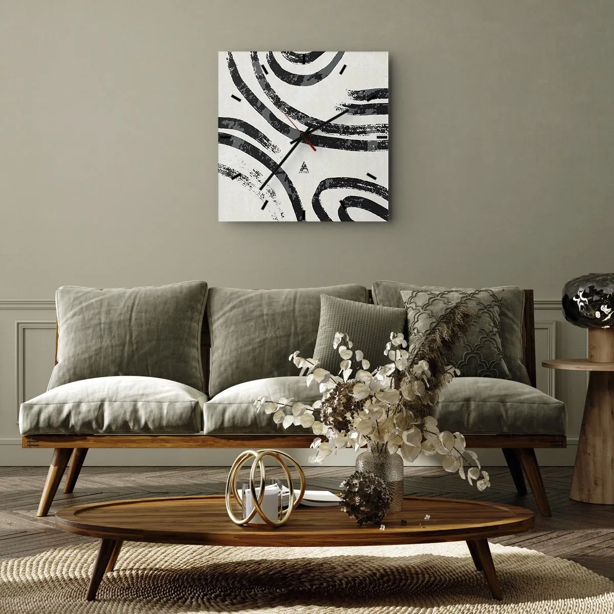 Reloj de pared - Reloj de vidrio - Líneas abstractas en blanco y negro sobre un fondo claro - 30x30cm - A medias - Decoración de pared moderna para salón y dormitorio ARTTOR