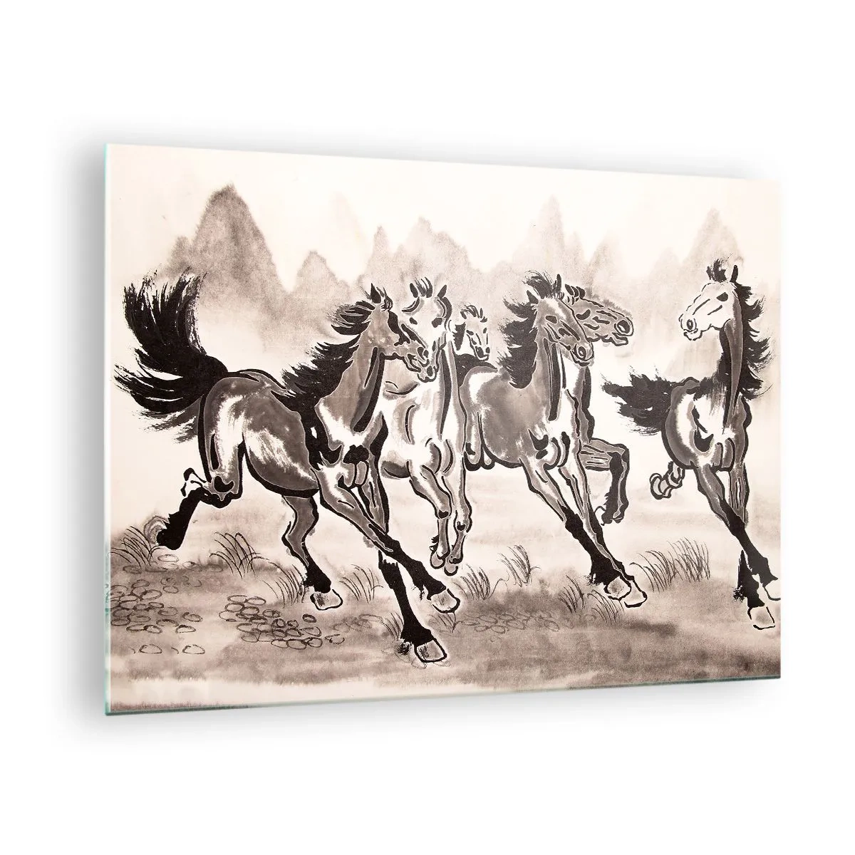 Cuadro sobre vidrio - Impresiones sobre Vidrio - Un grupo de caballos al galope al estilo chino. - 70x50cm - Al galope alegre - Decoración de pared moderna para salón y dormitorio ARTTOR