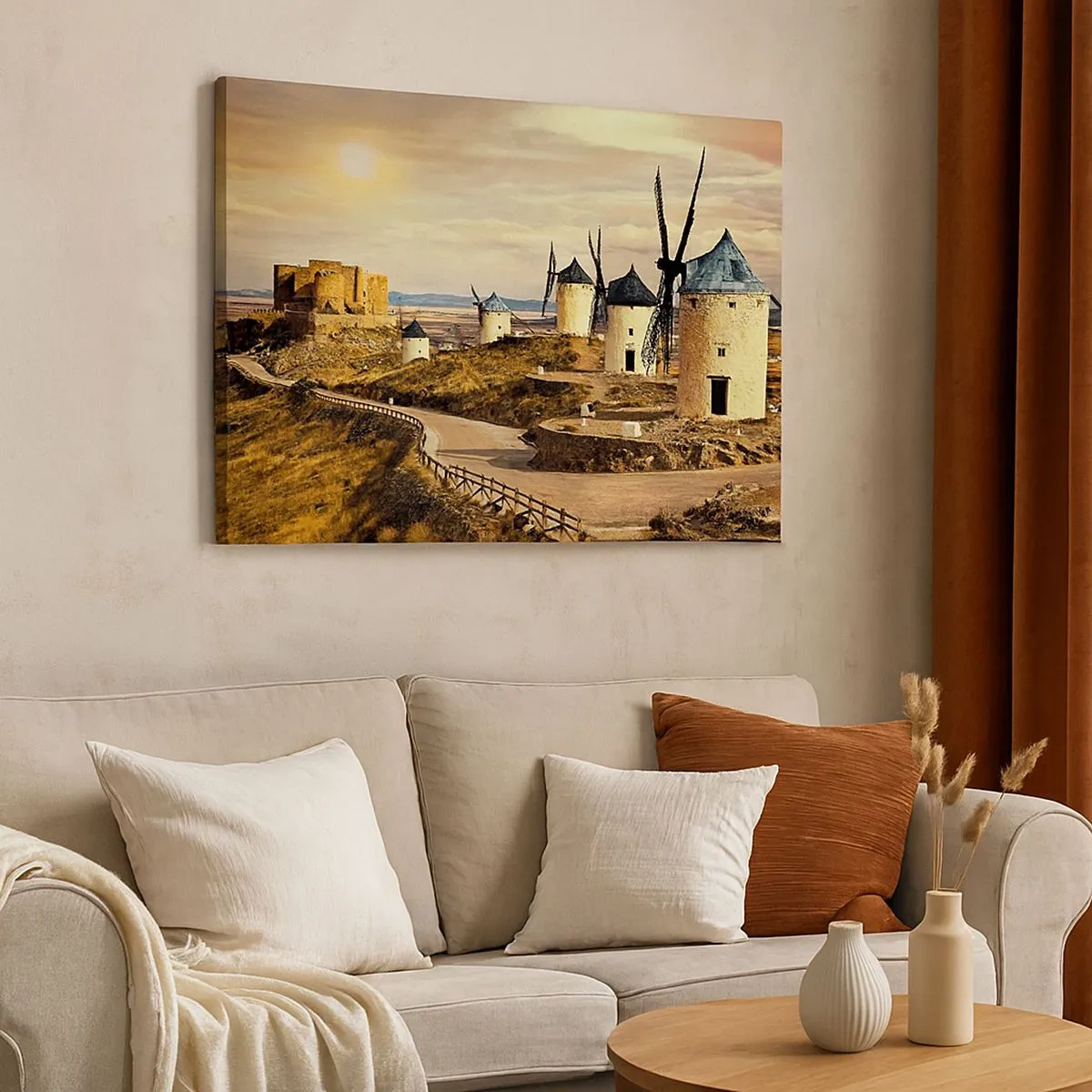 Cuadro sobre lienzo - Impresión de Imagen - Molinos de viento en las colinas con un castillo histórico al fondo - 70x50cm - Don Quijote los vio - Decoración de pared moderna para salón y dormitorio ARTTOR