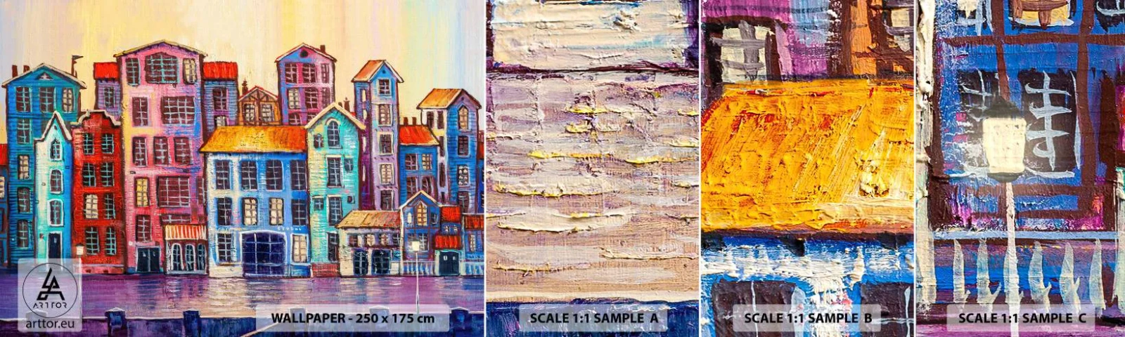 Muestra de fotomural autoadhesivo Deluxe Sticker - Una ciudad como un cuento de hadas - Pedazo, Casas de vecindad, Ciudad - 100x30 cm