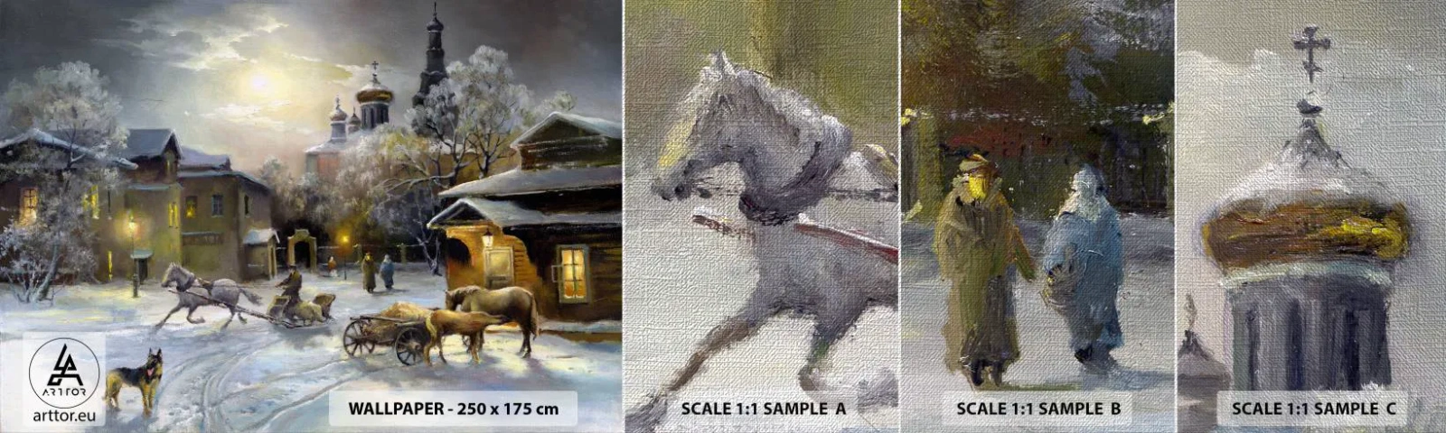 Muestra de fotomural Premium Canvas - La magia de un invierno ruso - Paisaje, Aldea, Invierno en el campo - 100x30 cm