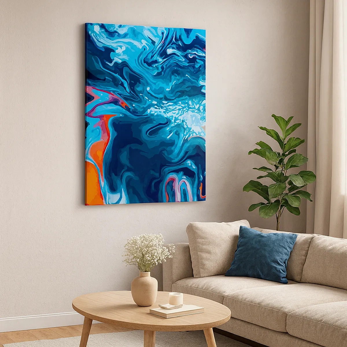 Cuadro sobre lienzo - Impresión de Imagen - Un patrón abstracto en tonos azules con acentos naranjas. - 50x70cm - Un viaje al cielo - Decoración de pared moderna para salón y dormitorio ARTTOR