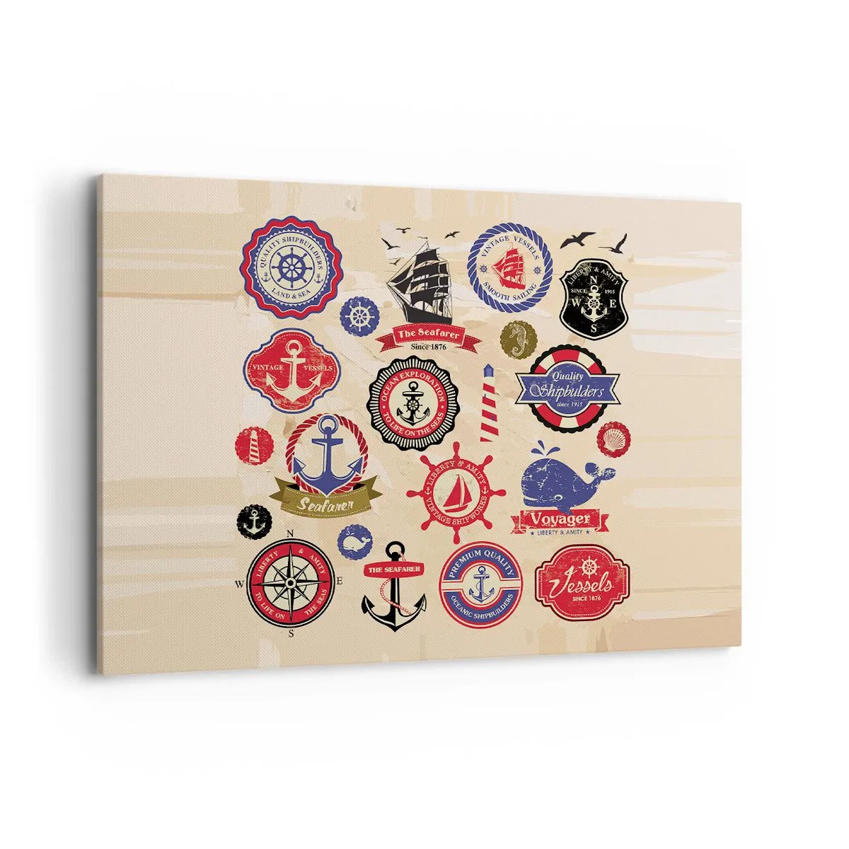 Cuadro sobre lienzo - Impresión de Imagen - Una colección de gráficos y símbolos náuticos sobre un fondo claro. - 100x70cm - Una fraternidad del mar - Decoración de pared moderna para salón y dormitorio ARTTOR