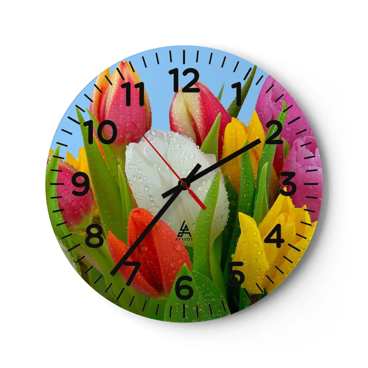 Reloj de pared - Reloj de vidrio - Arco iris floral en gotas de rocío - 30x30 cm