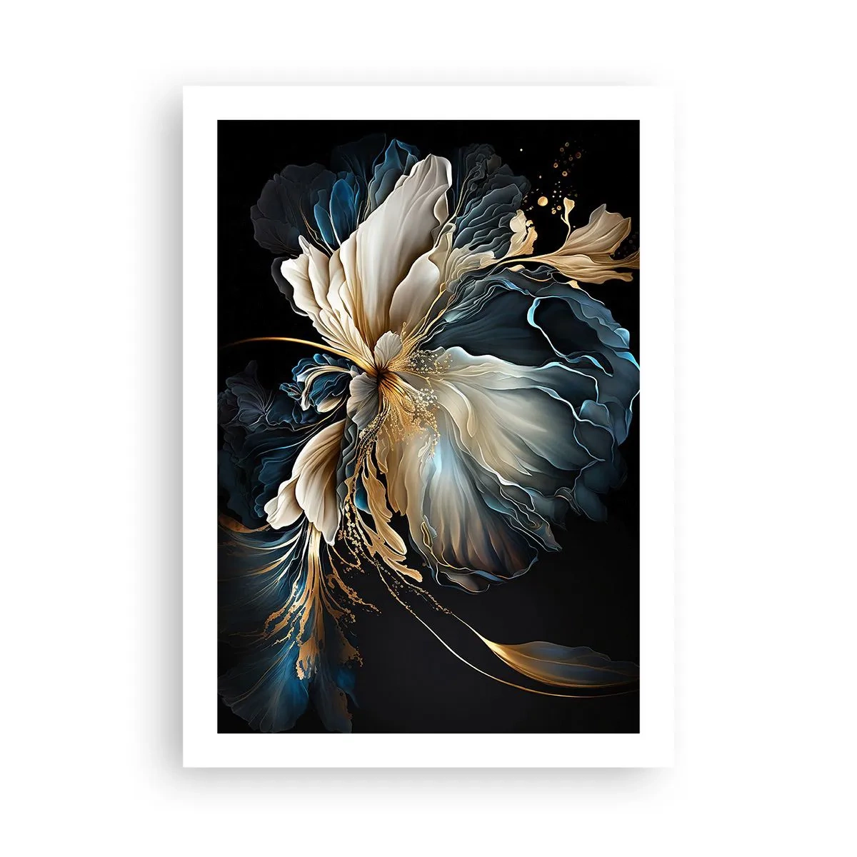 Póster - Un elegante arreglo floral abstracto en dorado y azul marino. - 50x70cm - Flor de helecho de cuento - Decoración de pared moderna para salón y dormitorio ARTTOR