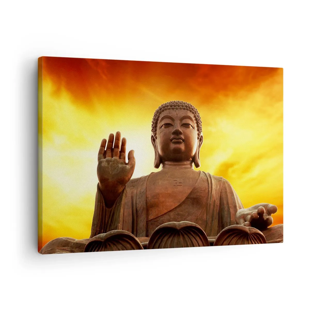 Cuadro sobre lienzo - Impresión de Imagen - Una estatua de Buda contra un cielo dorado al atardecer. - 70x50cm - La calma del mundo - Decoración de pared moderna para salón y dormitorio ARTTOR