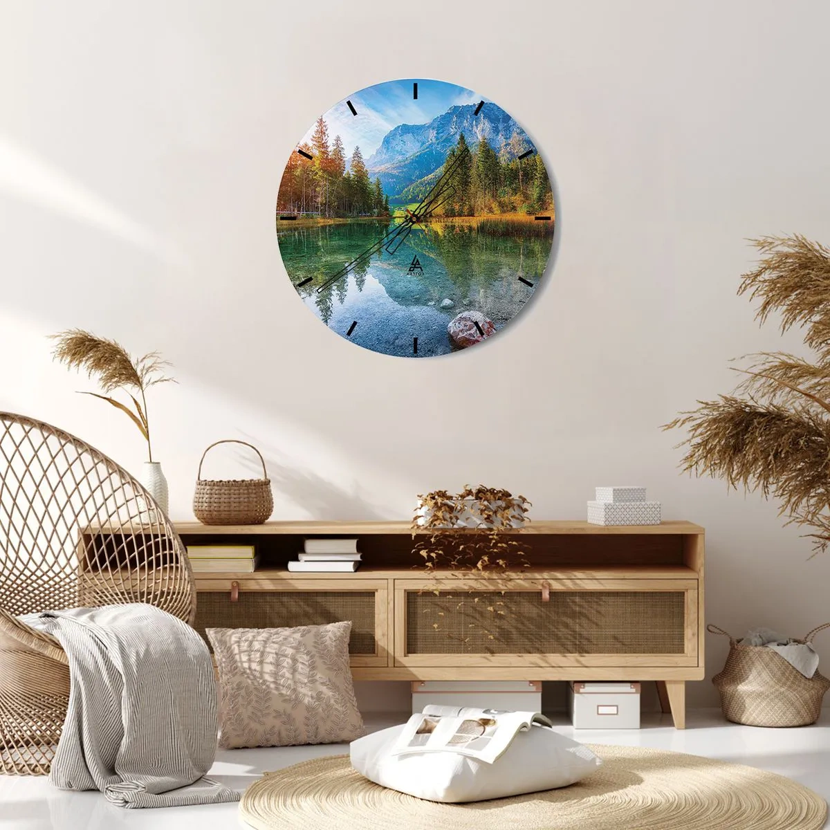 Reloj de pared - Reloj de vidrio - Paisaje de montaña con lago y bosque. - 30x30cm - La dulzura del otoño - Decoración de pared moderna para salón, cocina y dormitorio ARTTOR