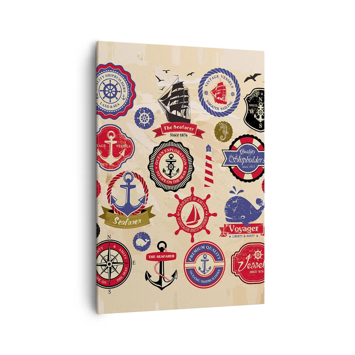Cuadro sobre lienzo - Impresión de Imagen - Una colección de gráficos y símbolos náuticos sobre un fondo claro. - 70x100cm - Una fraternidad del mar - Decoración de pared moderna para salón y dormitorio ARTTOR