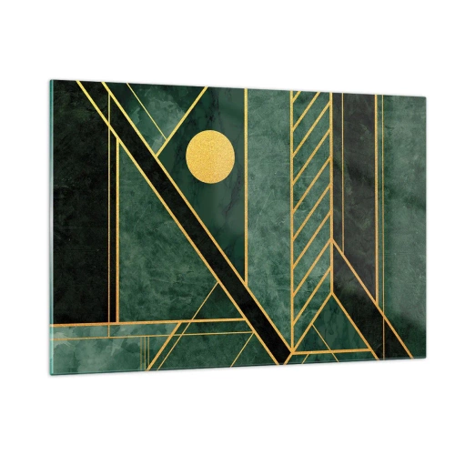 Cuadro sobre vidrio - Impresiones sobre Vidrio - Abstracción geométrica verde y dorada en estilo Art Déco - 120x80cm - La dinámica del oro y el azul - Decoración de pared moderna para salón y dormitorio ARTTOR