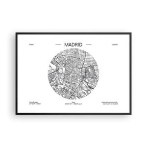 Póster en marco negro - Mapa de Madrid en estilo minimalista en blanco y negro - 100x70cm - Anatomía de Madrid - Decoración de pared moderna para salón y dormitorio ARTTOR