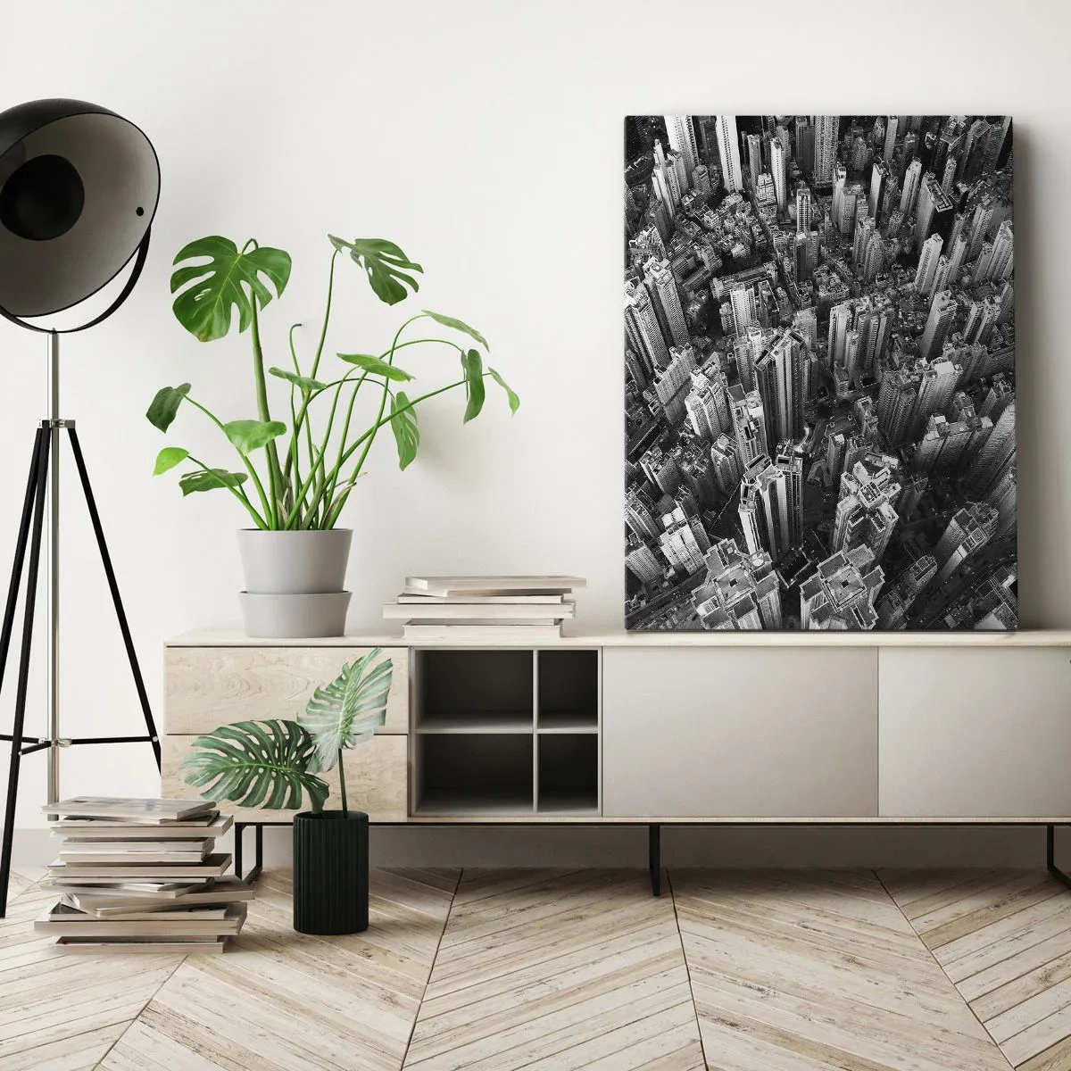 Cuadro sobre lienzo - Impresión de Imagen - Vista aérea de la ciudad en blanco y negro - 50x70cm - Cada vez más alto - Decoración de pared moderna para salón y dormitorio ARTTOR