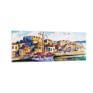 Cuadro sobre vidrio - Impresiones sobre Vidrio - Un puerto pintoresco con un barco y edificios coloridos. - 140x50cm - Tarde de arco iris - Decoración de pared moderna para salón y dormitorio ARTTOR