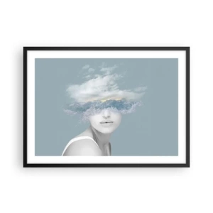 Póster en marco negro - Retrato de una mujer con el rostro oculto tras nubes y olas. - 70x50cm - Con la cabeza en las nubes - Decoración de pared moderna para salón y dormitorio ARTTOR