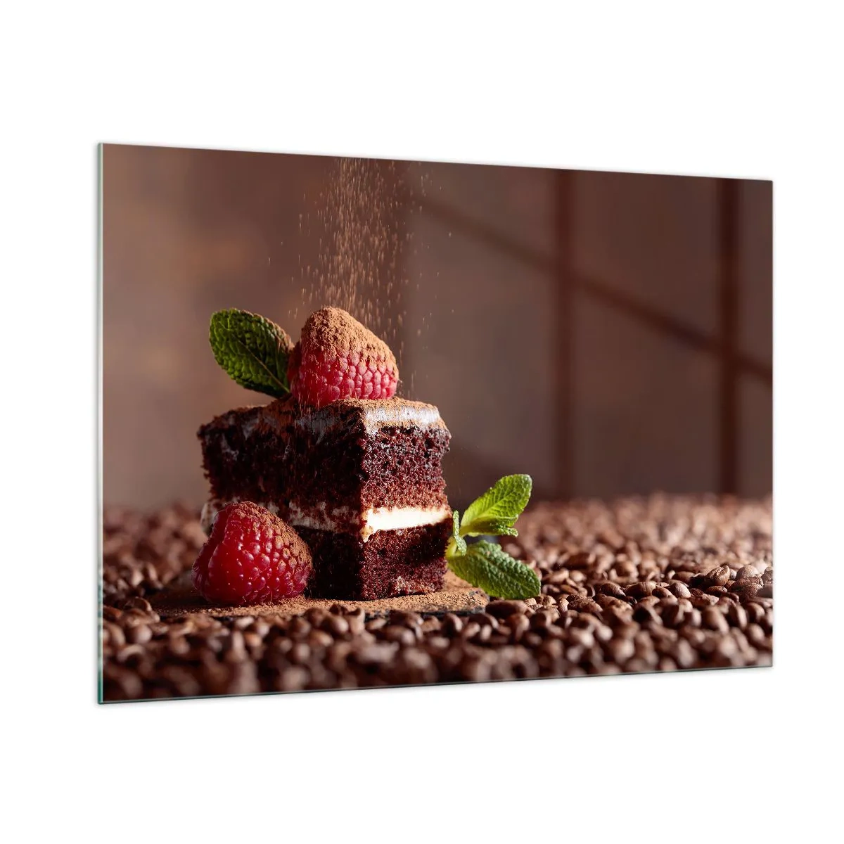 Cuadro sobre vidrio - Impresiones sobre Vidrio - Postre de chocolate con frambuesas y hojas de menta - 100x70cm - La vida es dulce - Decoración de pared moderna para salón y dormitorio ARTTOR