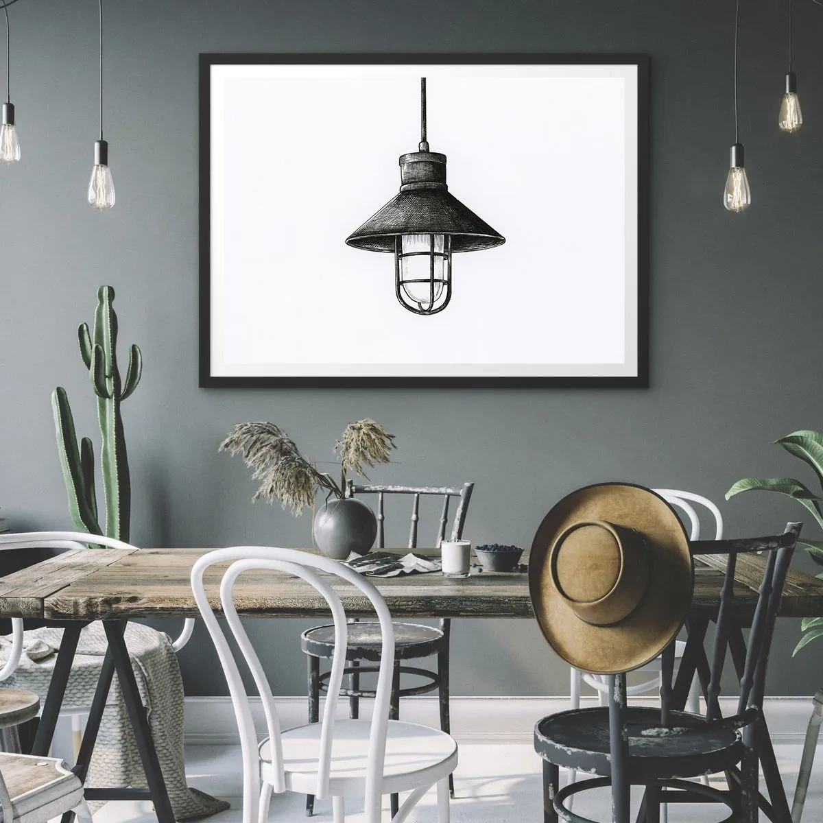 Póster en marco negro - Dibujo de una lámpara colgante retro sobre fondo blanco. - 100x70cm - Como hace años... - Decoración de pared moderna para salón y dormitorio ARTTOR